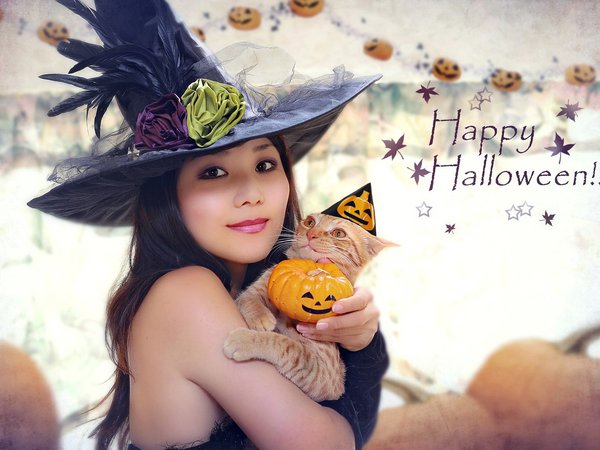 азиатка, девушка, костюм, кот, тыква, хэллоуин, шляпа