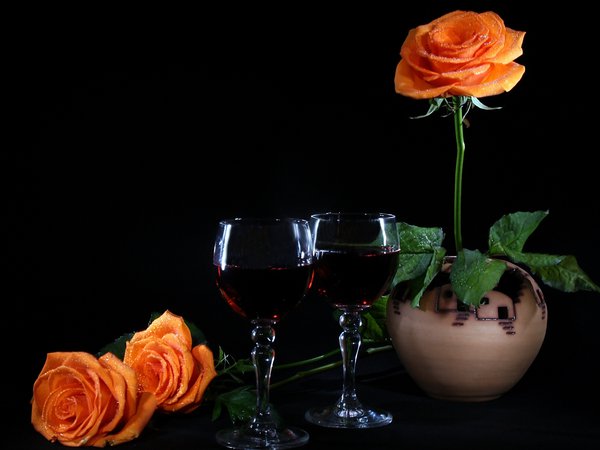 бокалы, вино, настроение, розы