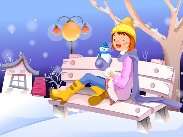 графика, девушка, дерево, дом, зима, скамейка, снеговик, фонарь