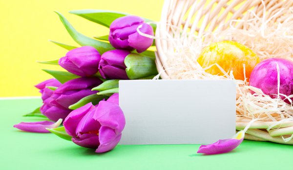 Обои на рабочий стол: весна, пасха, пасхальные, праздник, сиреневые, тюльпаны, цветы, яйца