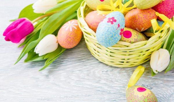 Обои на рабочий стол: Easter, пасха, тюльпаны, цветы, яйца