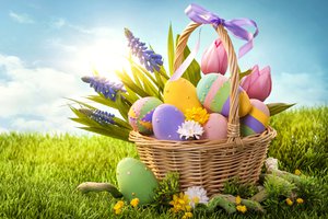 Обои на рабочий стол: Easter, бант, весна, корзина, пасха, пасхальные, праздник, трава, цветы, яйца