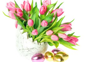 Обои на рабочий стол: Easter, ваза, пасха, тюльпаны, яйца