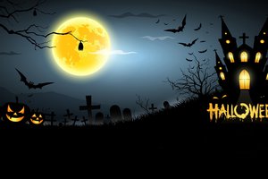 Обои на рабочий стол: bats, creepy, full moon, graveyard, halloween, horror, house, midnight, pumpkins, scary, дом, жутко, кладбище, летучих мышей, полная луна, полночь, страшно, тыквы, ужас, хэллоуин