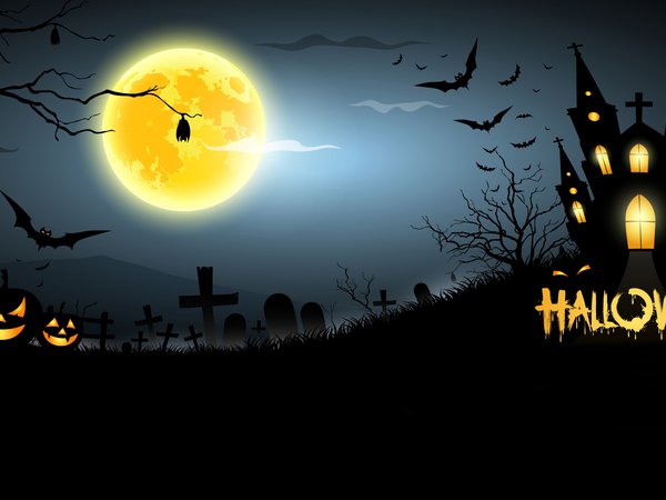 bats, creepy, full moon, graveyard, halloween, horror, house, midnight, pumpkins, scary, дом, жутко, кладбище, летучих мышей, полная луна, полночь, страшно, тыквы, ужас, хэллоуин