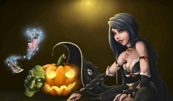 Обои на рабочий стол: halloween, девушка, карты, маска, тыква, хеллоуин