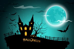Обои на рабочий стол: bats, creepy, full moon, graveyard, halloween, horror, house, midnight, pumpkins, scary, дом, жутко, кладбище, летучих мышей, полная луна, полночь, страшно, тыквы, ужас, хэллоуин