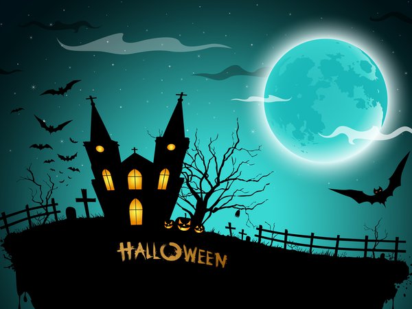 bats, creepy, full moon, graveyard, halloween, horror, house, midnight, pumpkins, scary, дом, жутко, кладбище, летучих мышей, полная луна, полночь, страшно, тыквы, ужас, хэллоуин
