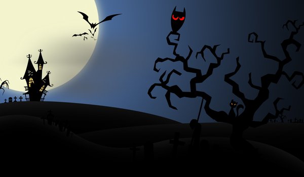 Обои на рабочий стол: bats, creepy, evil cat, full moon, halloween, horror, house, midnight, owl, scary, vector art, векторную графику, дома, жутко, злой кот, летучие мыши, полная луна, полночь, сова, страшно, ужас, хэллоуин