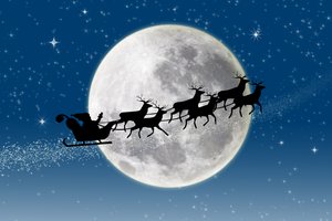 Обои на рабочий стол: full moon, merry christmas, new year, Reindeer, santa claus coming, snow, stars, дед мороз идет, звезды, новый год, олени, полная луна, с Рождеством Христовым, снег