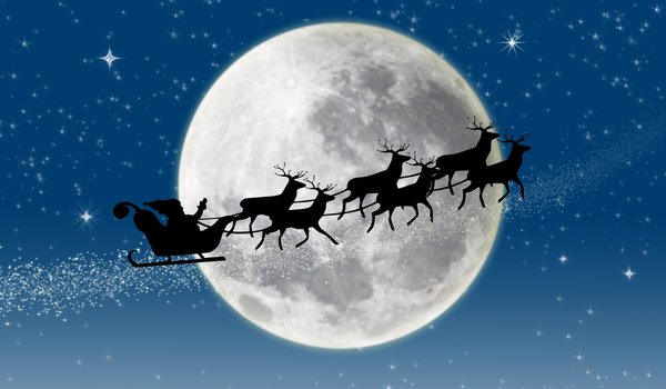 Обои на рабочий стол: full moon, merry christmas, new year, Reindeer, santa claus coming, snow, stars, дед мороз идет, звезды, новый год, олени, полная луна, с Рождеством Христовым, снег