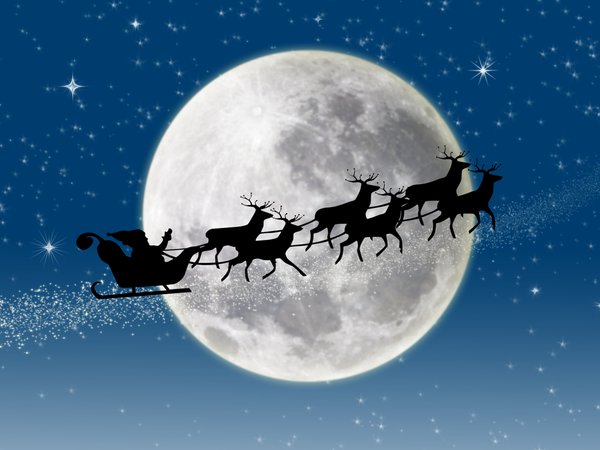 full moon, merry christmas, new year, Reindeer, santa claus coming, snow, stars, дед мороз идет, звезды, новый год, олени, полная луна, с Рождеством Христовым, снег