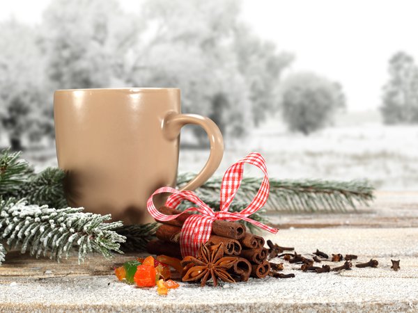 cinnamon, coffee, cup, pine tree, ribbon, snow, tea, twig, winter, веточка, зима, корицы, кофе, лента, празники, снег, сосны, чай, чашкa