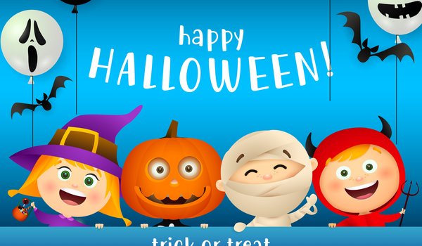 Обои на рабочий стол: halloween, Happy Halloween, дети, Дети в масках монстров, радость, хеллоуин