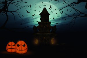 Обои на рабочий стол: halloween, дом, летучие мыши, луна, ночь, полнолуние, тыквы, хеллоуин