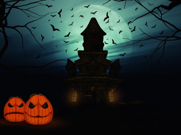 halloween, дом, летучие мыши, луна, ночь, полнолуние, тыквы, хеллоуин