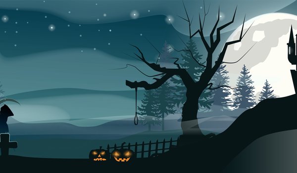 Обои на рабочий стол: halloween, Векторная графика, замок, кладбище, луна, Мрачный Жнец, ночь, полнолуние, смерть, тыквы, хеллоуин