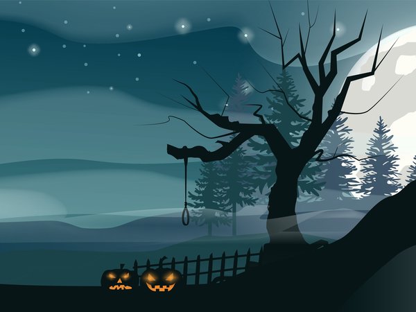 halloween, Векторная графика, замок, кладбище, луна, Мрачный Жнец, ночь, полнолуние, смерть, тыквы, хеллоуин