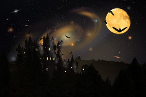 Обои на рабочий стол: halloween, замок, летучие мыши, луна, ночь, полнолуние, хеллоуин