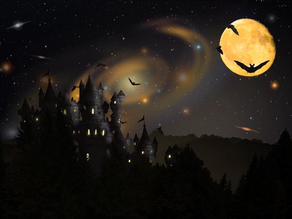 halloween, замок, летучие мыши, луна, ночь, полнолуние, хеллоуин