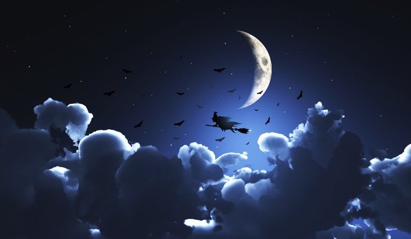 Обои на рабочий стол: halloween, ведьма, луна, лунный свет, метла, ночь, облака, полет, хеллоуин