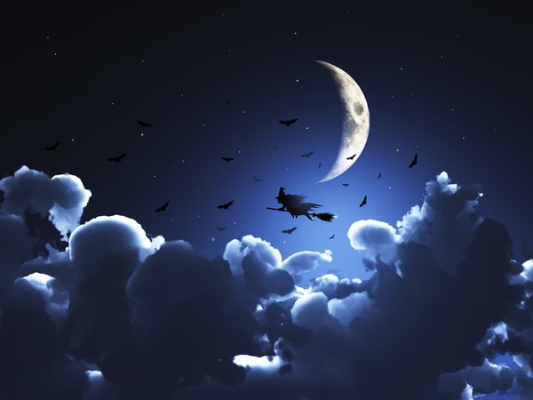 halloween, ведьма, луна, лунный свет, метла, ночь, облака, полет, хеллоуин