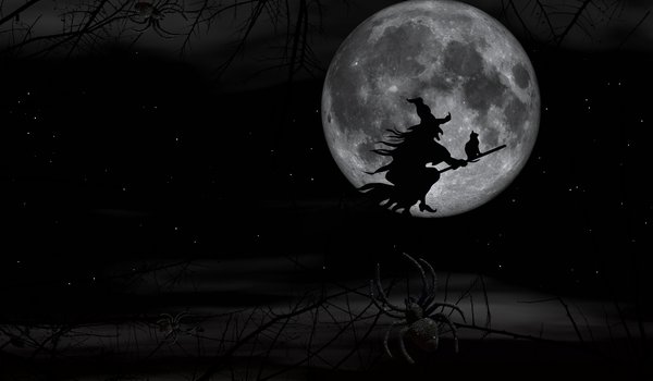Обои на рабочий стол: halloween, ведьма, луна, метла, ночь, паук, полет, хеллоуин
