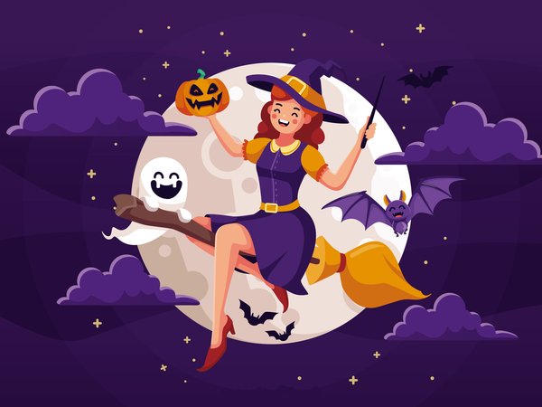 halloween, ведьма, летучая мышь, луна, метла, ночь, полет, Полёт ведьмы, тучи, тыква, хеллоуин, шляпка