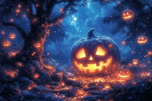 Обои на рабочий стол: halloween, деревья, жутко, ИИ-арт, Искусство искусственного интеллекта, луна, нейросеть, ночь, облака, тыквы, Ужастик, хэллоуин, цифровое искусство