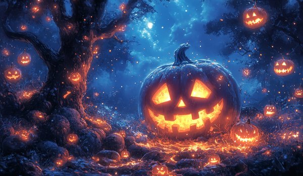 Обои на рабочий стол: halloween, деревья, жутко, ИИ-арт, Искусство искусственного интеллекта, луна, нейросеть, ночь, облака, тыквы, Ужастик, хэллоуин, цифровое искусство