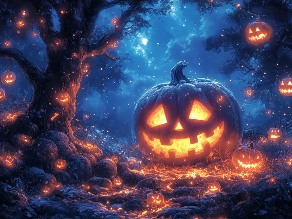 halloween, деревья, жутко, ИИ-арт, Искусство искусственного интеллекта, луна, нейросеть, ночь, облака, тыквы, Ужастик, хэллоуин, цифровое искусство