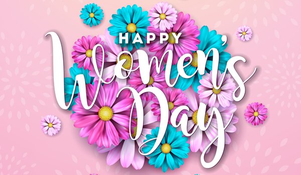 Обои на рабочий стол: 8 march, 8 марта, blue, celebration, flowers, happy, pink, spring, women, женский день, открытка, цветы