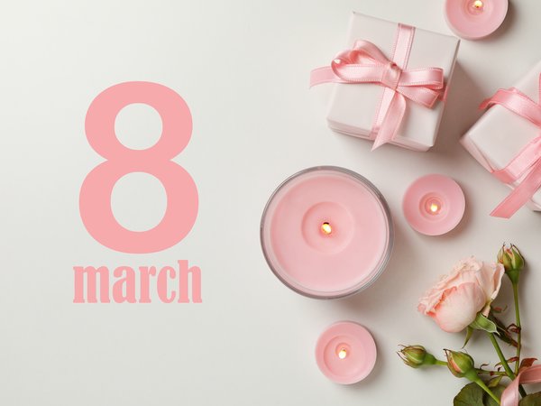 8 march, 8 марта, candles, celebration, flowers, gift box, happy, pink, ribbon, rose, spring, women, женский день, подарок, роза, свечи, цветы