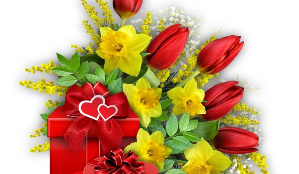 Обои на рабочий стол: 8 марта, бант, весна, мимоза, подарки, праздник, сердце, тюльпаны, цветы