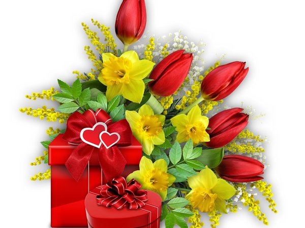 8 марта, бант, весна, мимоза, подарки, праздник, сердце, тюльпаны, цветы