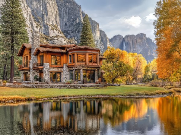 Ahwahnee Hotel, california, Sierra Nevada, Yosemite National Park, Yosemite Valley, горы, деревья, дом, здание, Йосемитская долина, калифорния, Национальный парк Йосемити, нейросеть, осень, отель, пруд, Сьерра-Невада