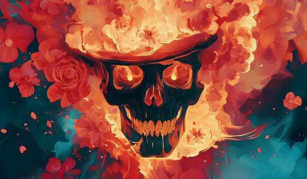 Обои на рабочий стол: AI art, blue, fire, flowers, hat, red, skull face