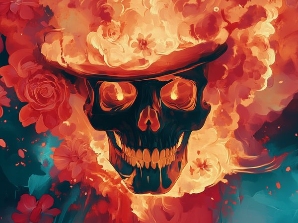 AI art, blue, fire, flowers, hat, red, skull face