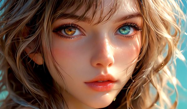 Обои на рабочий стол: AI art, artwork, blonde, closeup, digital art, face, girl, heterochromia, parted lips, water drops