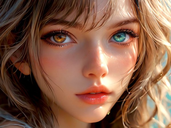 AI art, artwork, blonde, closeup, digital art, face, girl, heterochromia, parted lips, water drops