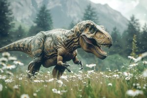 Обои на рабочий стол: Tyrannosaurus Rex, Вымершие животные, горы, динозавр, Доисторические, Древние животные, животное, ИИ-арт, Искусство искусственного интеллекта, нейросеть, Тираннозавр, Тираннозавр Рекс, трава, хищник, цветы, цифровое искусство