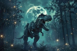 Обои на рабочий стол: Tyrannosaurus Rex, Вымершие животные, деревья, динозавр, Доисторические, Древние животные, животное, зубы, ИИ-арт, Искусство искусственного интеллекта, луна, нейросеть, ночь, Тираннозавр, Тираннозавр Рекс, хищник, цифровое искусство