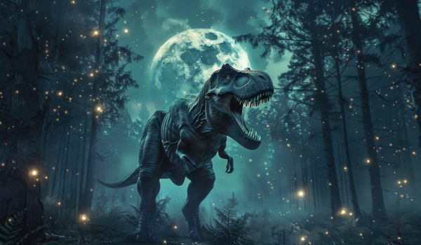 Обои на рабочий стол: Tyrannosaurus Rex, Вымершие животные, деревья, динозавр, Доисторические, Древние животные, животное, зубы, ИИ-арт, Искусство искусственного интеллекта, луна, нейросеть, ночь, Тираннозавр, Тираннозавр Рекс, хищник, цифровое искусство