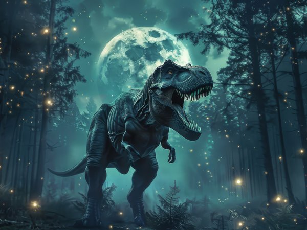 Tyrannosaurus Rex, Вымершие животные, деревья, динозавр, Доисторические, Древние животные, животное, зубы, ИИ-арт, Искусство искусственного интеллекта, луна, нейросеть, ночь, Тираннозавр, Тираннозавр Рекс, хищник, цифровое искусство