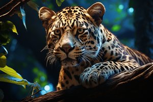 Обои на рабочий стол: AI art, animals, blurry background, digital art, forest, fur, leaves, leopard, looking at viewer, nature, paws, whiskers