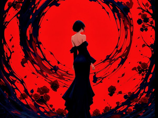 AI art, artwork, bare shoulders, concept art, digital art, dress, fantasy, fantasy art, fantasy girl, girl, illustration, long dress, roses, stable diffusion