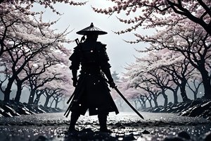 Обои на рабочий стол: AI art, branch, cherry blossom, flowers, looking away, men outdoors, men with swords, samurai, standing, sword, trees