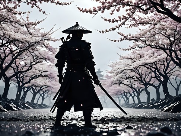 AI art, branch, cherry blossom, flowers, looking away, men outdoors, men with swords, samurai, standing, sword, trees