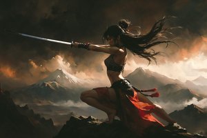 Обои на рабочий стол: AI art, dark hair, long hair, sword, women