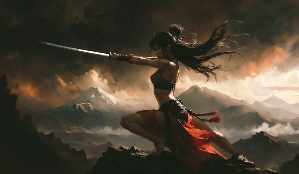 Обои на рабочий стол: AI art, dark hair, long hair, sword, women